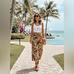 Elliane Rose Tropical Palm Leaf Print Wide Leg Pants Large L Boho Belted Summer